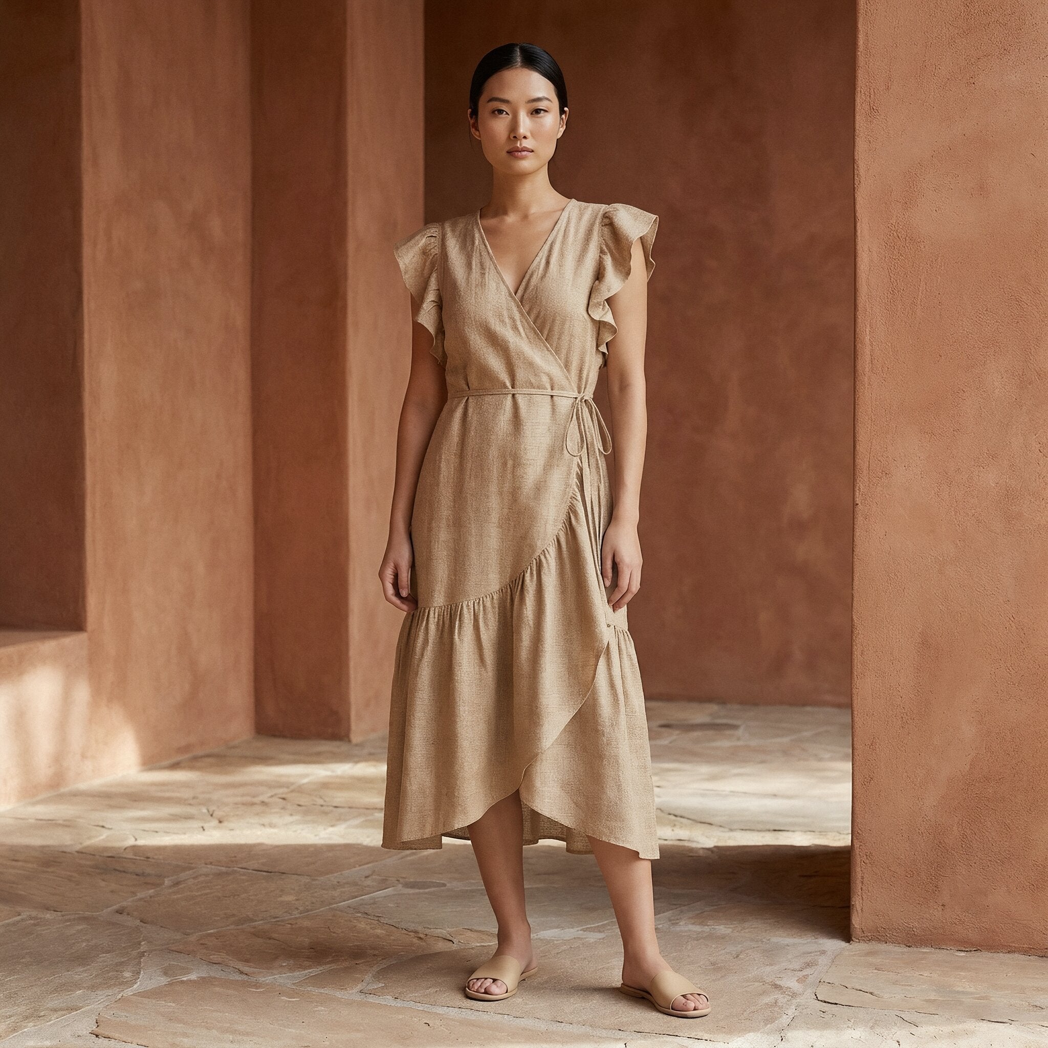 Beige Cotton Flax Ruffle Midi Wrap Dress