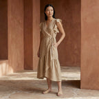 Beige Cotton Flax Ruffle Midi Wrap Dress