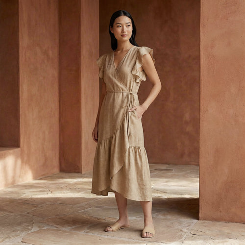 Beige Cotton Flax Ruffle Midi Wrap Dress