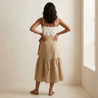 Beige Cotton Flax Ruffle Midi Wrap Skirt