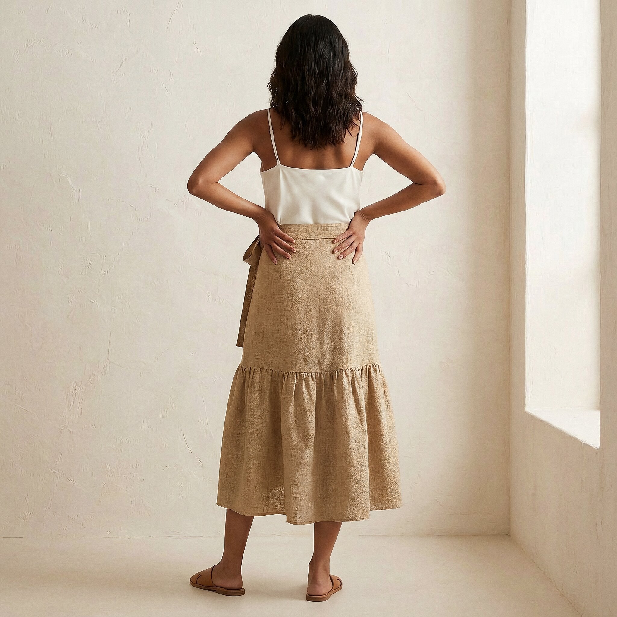 Beige Cotton Flax Ruffle Midi Wrap Skirt