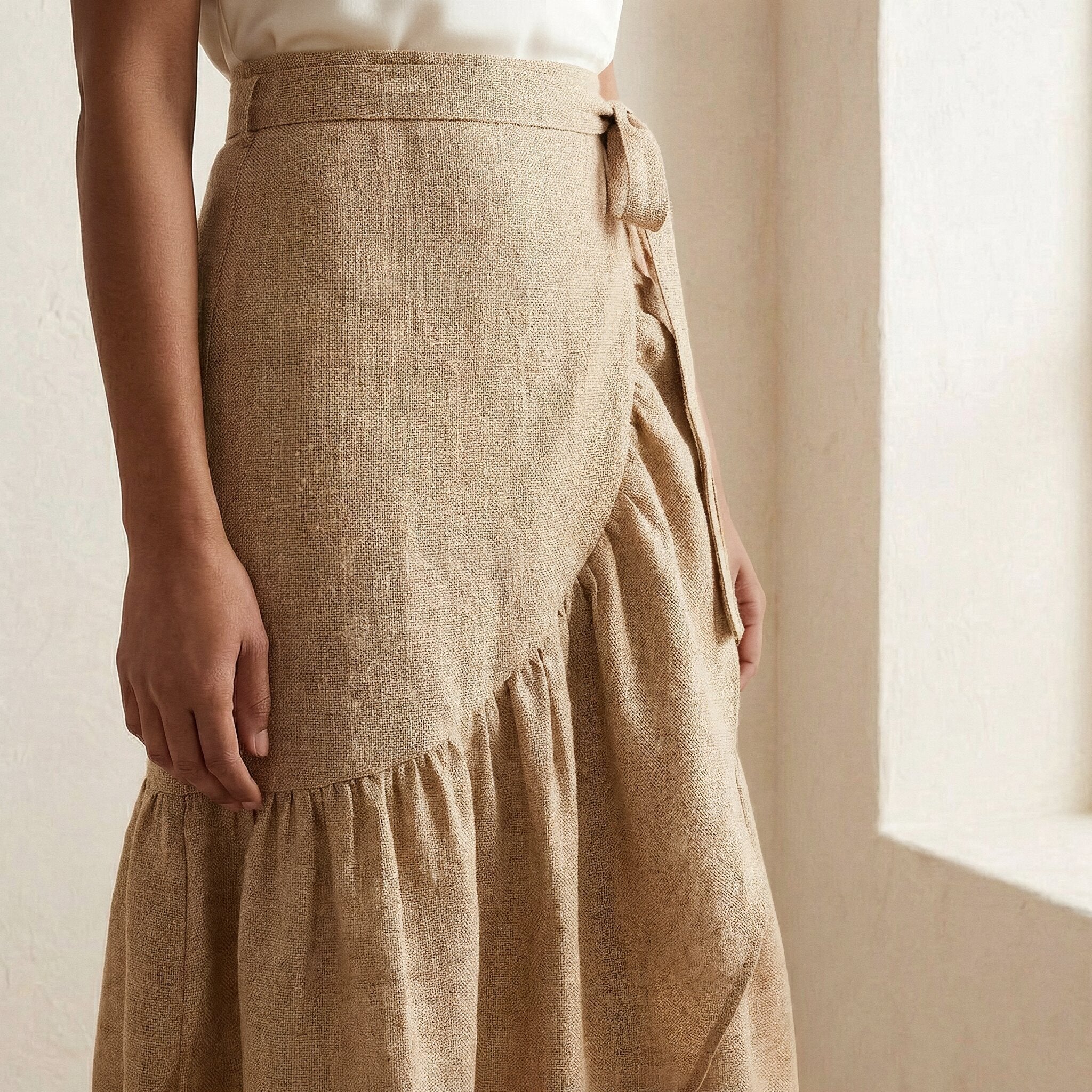 Beige Cotton Flax Ruffle Midi Wrap Skirt