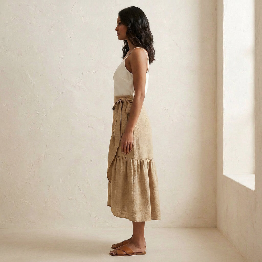 Beige Cotton Flax Ruffle Midi Wrap Skirt