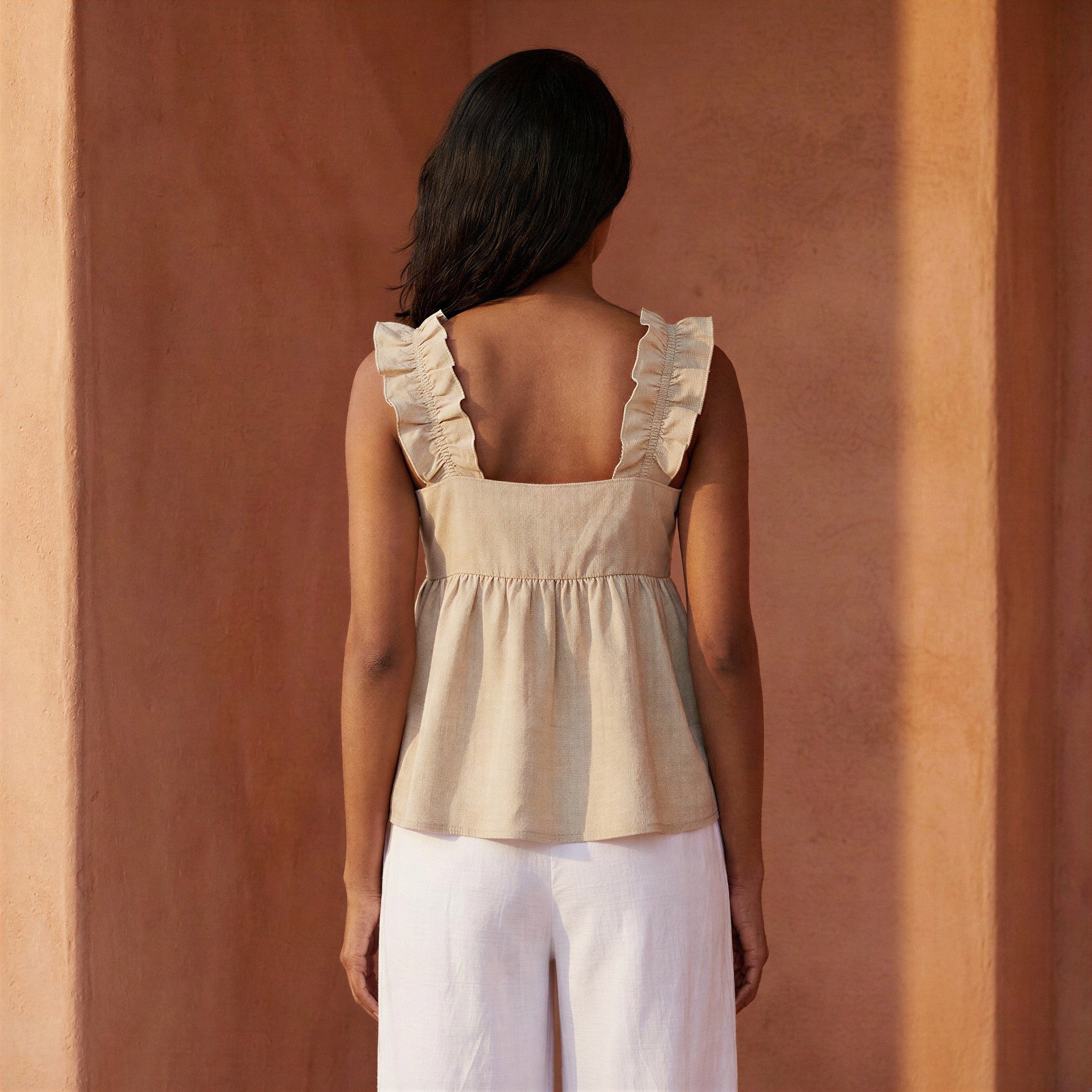 Beige Cotton Flax Ruffle-Strap Square Neck Peplum Top