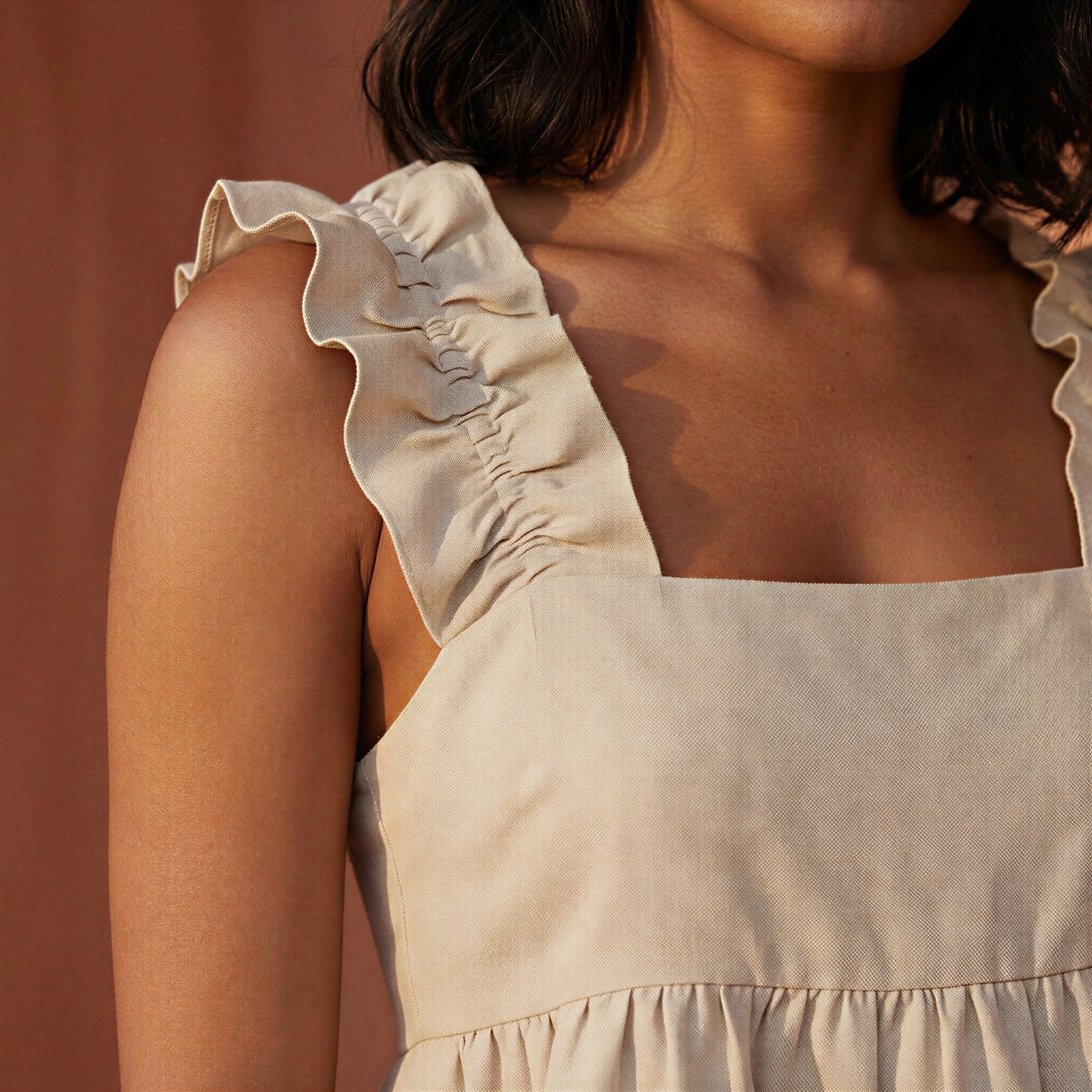 Beige Cotton Flax Ruffle-Strap Square Neck Peplum Top