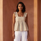 Beige Cotton Flax Ruffle-Strap Square Neck Peplum Top