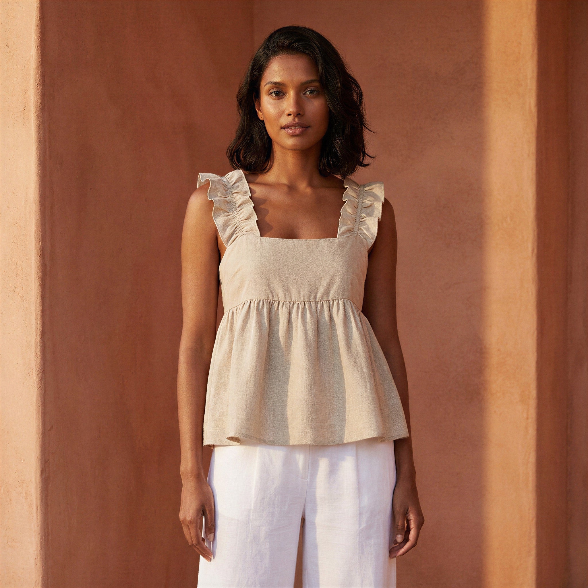 Beige Cotton Flax Ruffle-Strap Square Neck Peplum Top