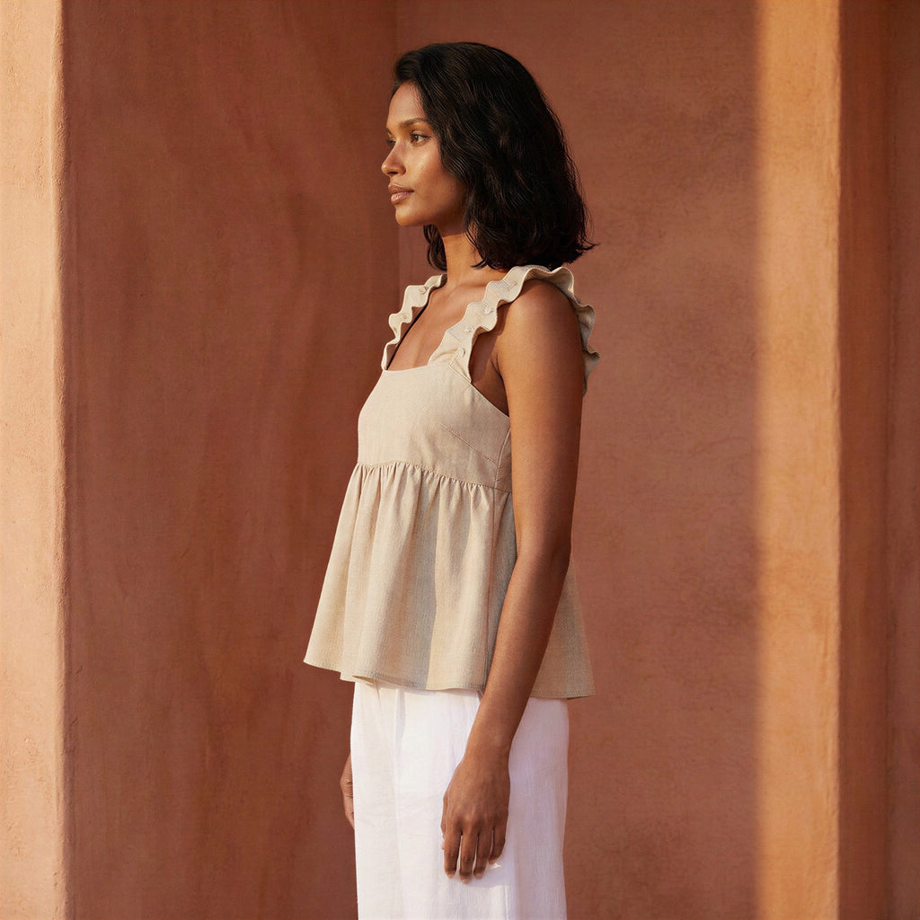 Beige Cotton Flax Ruffle-Strap Square Neck Peplum Top