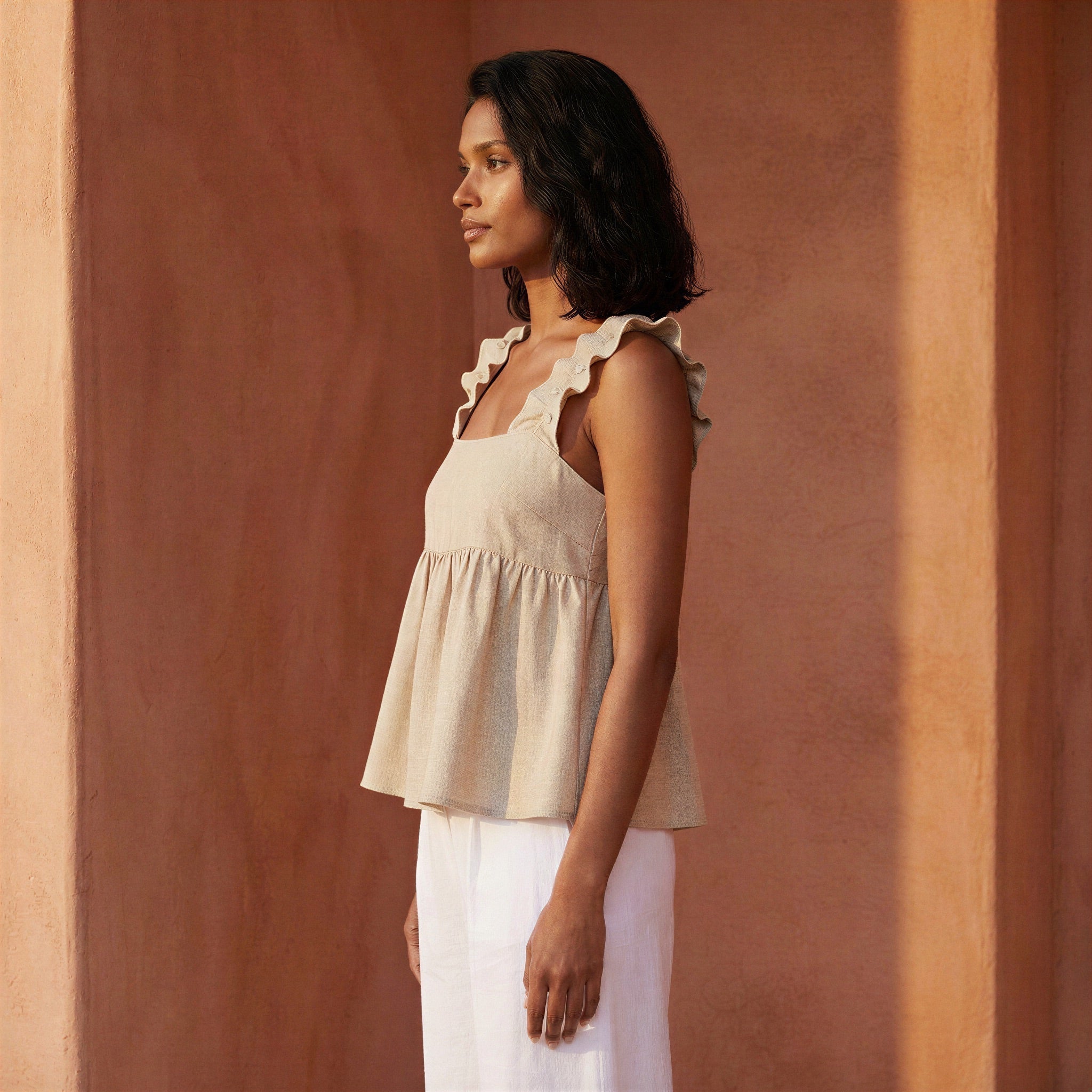 Beige Cotton Flax Ruffle-Strap Square Neck Peplum Top