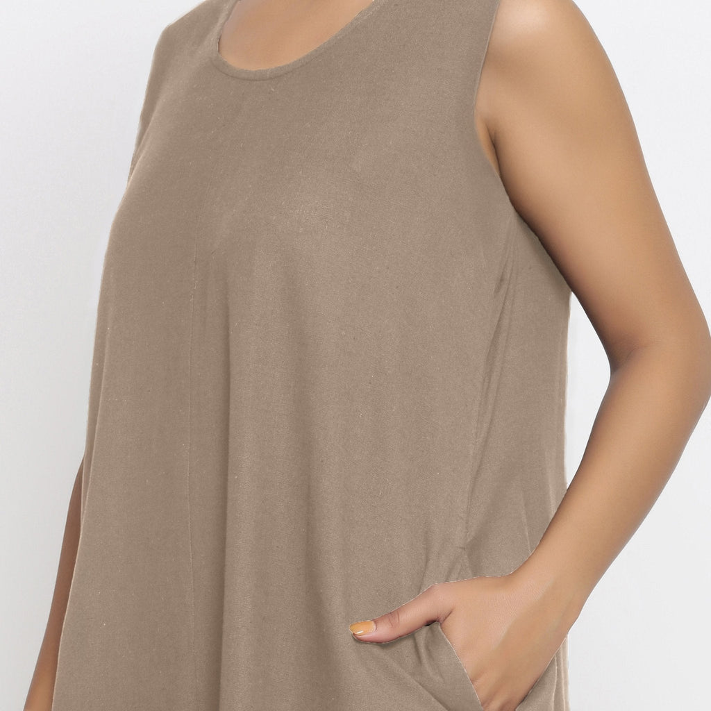 Beige Cotton Flax Scoop Neck Sleeveless Maxi Dress