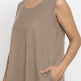 Beige Cotton Flax Scoop Neck Sleeveless Maxi Dress