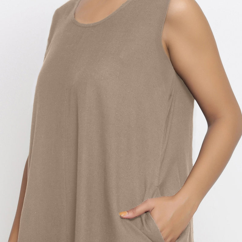 Beige Cotton Flax Scoop Neck Sleeveless Maxi Dress