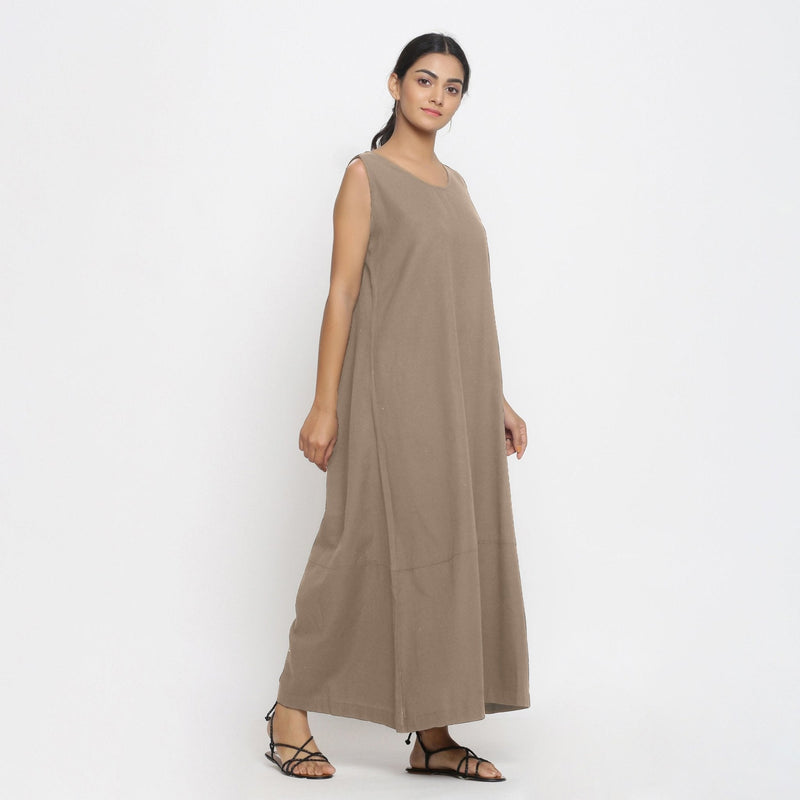 Beige Cotton Flax Scoop Neck Sleeveless Maxi Dress