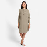 Front View of a Model wearing Beige Cotton Flax Shirt Dress