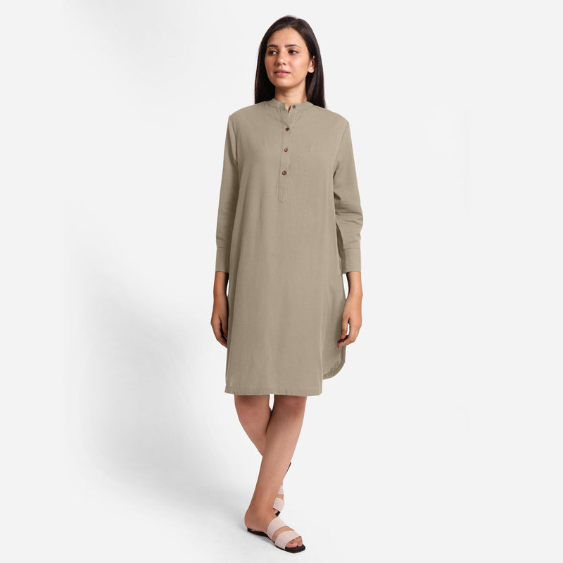 Front View of a Model wearing Beige Cotton Flax Shirt Dress