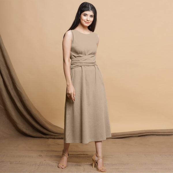 Beige Cotton Flax Sleeveless A-Line Midi Dress