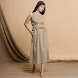 Beige Cotton Flax Sleeveless A-Line Midi Dress