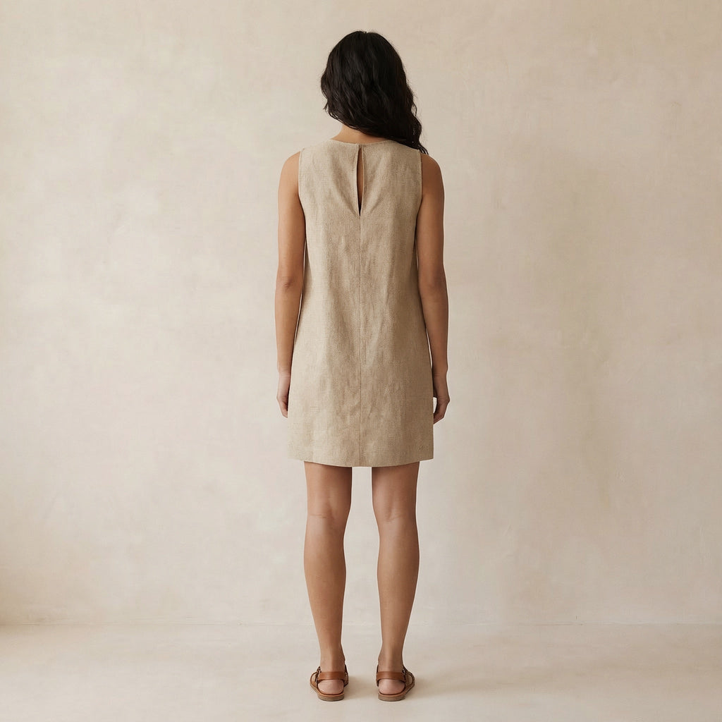 Beige Cotton Flax Sleeveless A-Line Short Shift Dress
