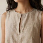 Beige Cotton Flax Sleeveless A-Line Short Shift Dress