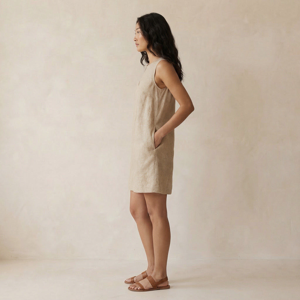 Beige Cotton Flax Sleeveless A-Line Short Shift Dress