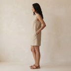 Beige Cotton Flax Sleeveless A-Line Short Shift Dress