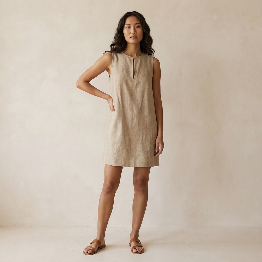 Beige Cotton Flax Sleeveless A-Line Short Shift Dress
