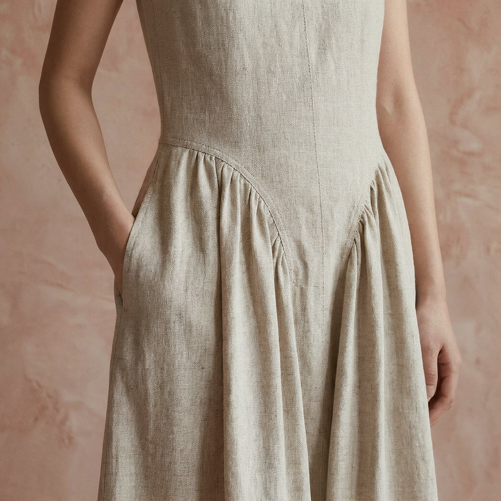 Beige Cotton Flax Sleeveless Paneled Maxi Dress