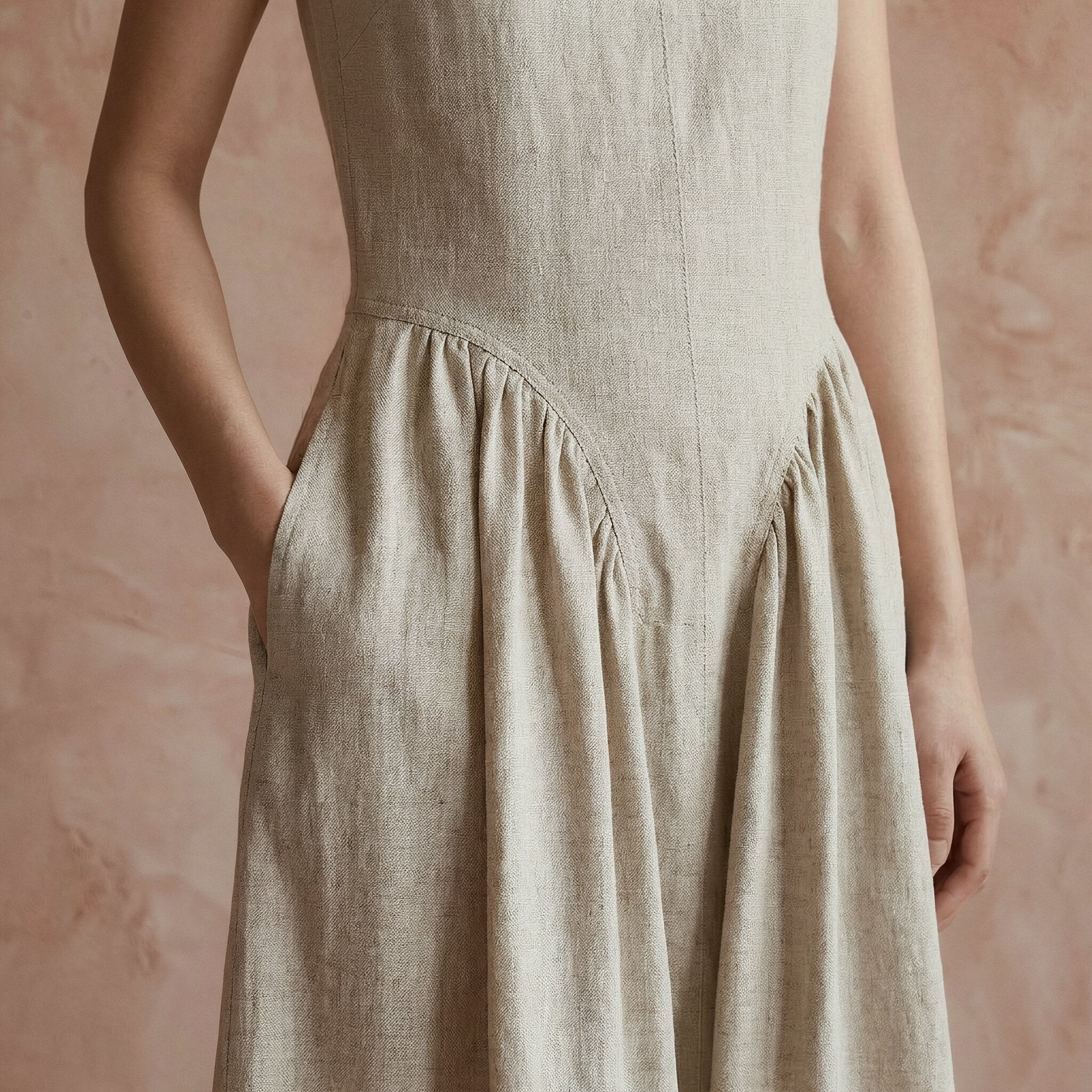 Beige Cotton Flax Sleeveless Paneled Maxi Dress