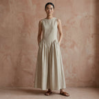Beige Cotton Flax Sleeveless Paneled Maxi Dress
