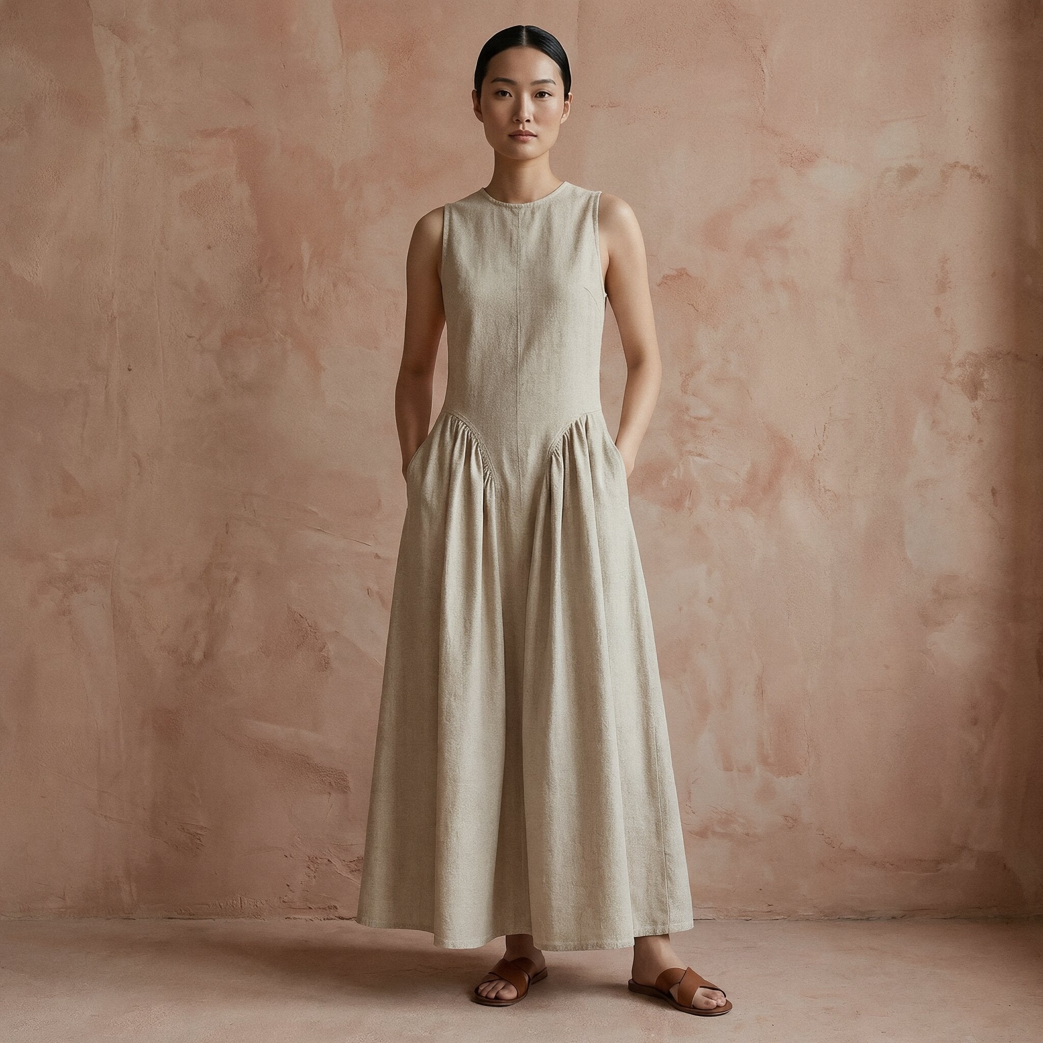 Beige Cotton Flax Sleeveless Paneled Maxi Dress