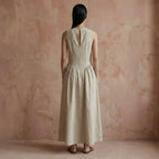 Beige Cotton Flax Sleeveless Paneled Maxi Dress