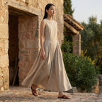 Beige Cotton Flax Sleeveless Paneled Maxi Dress