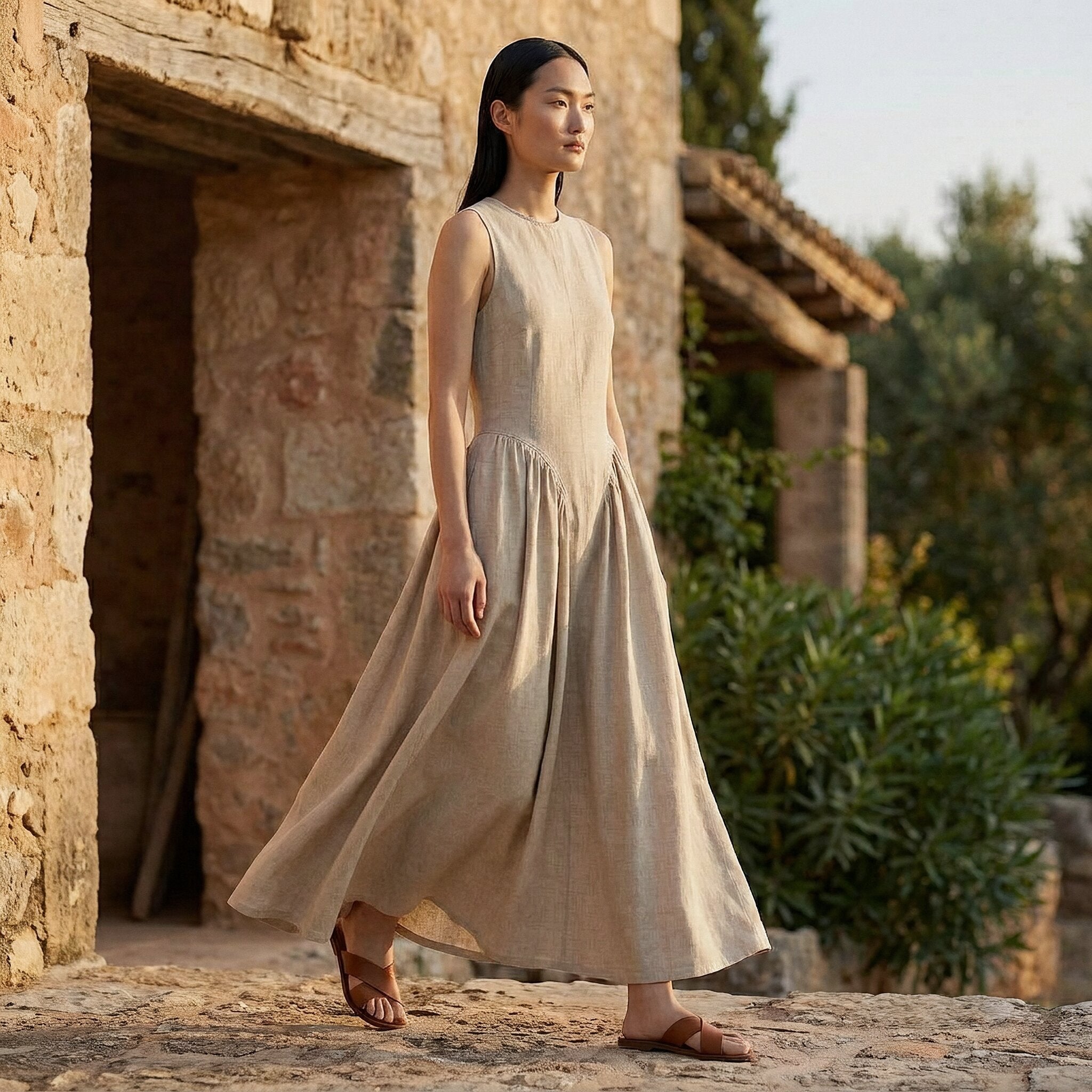 Beige Cotton Flax Sleeveless Paneled Maxi Dress