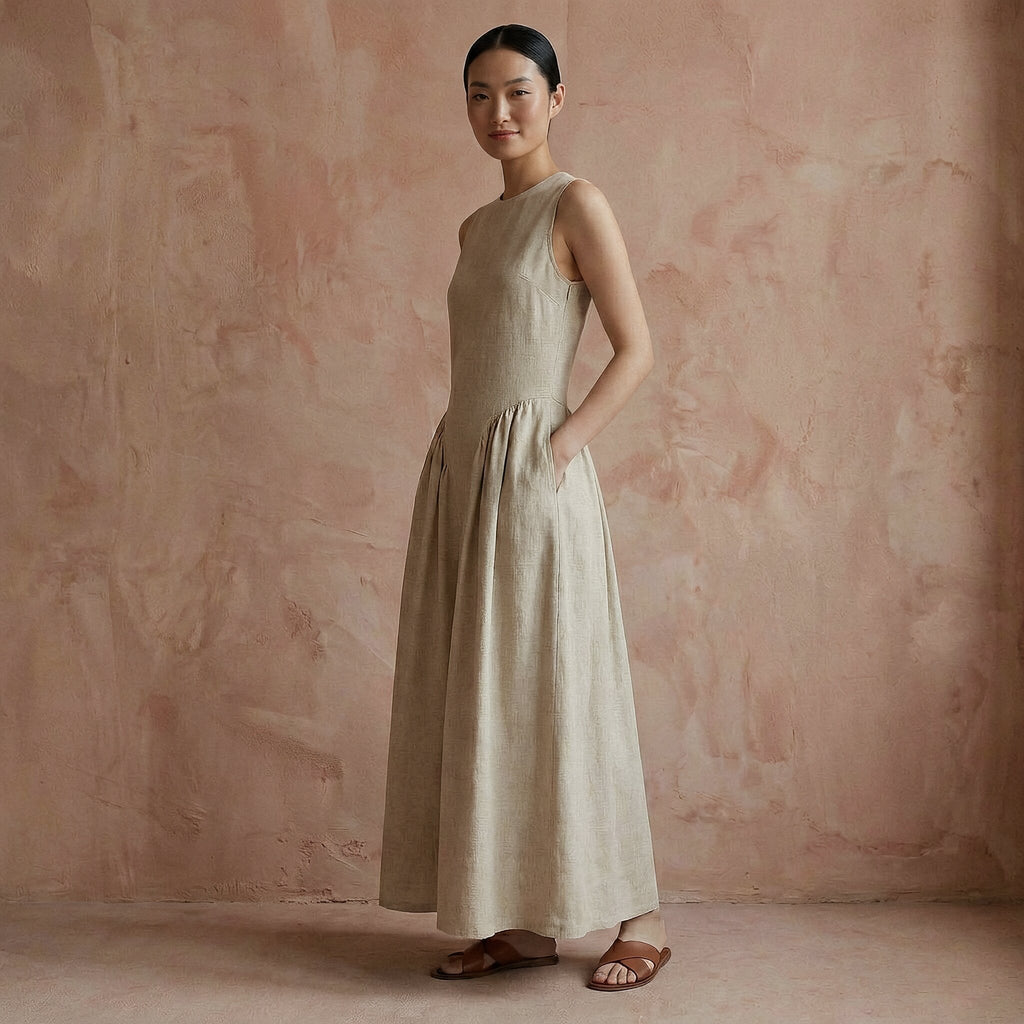 Beige Cotton Flax Sleeveless Paneled Maxi Dress