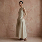 Beige Cotton Flax Sleeveless Paneled Maxi Dress
