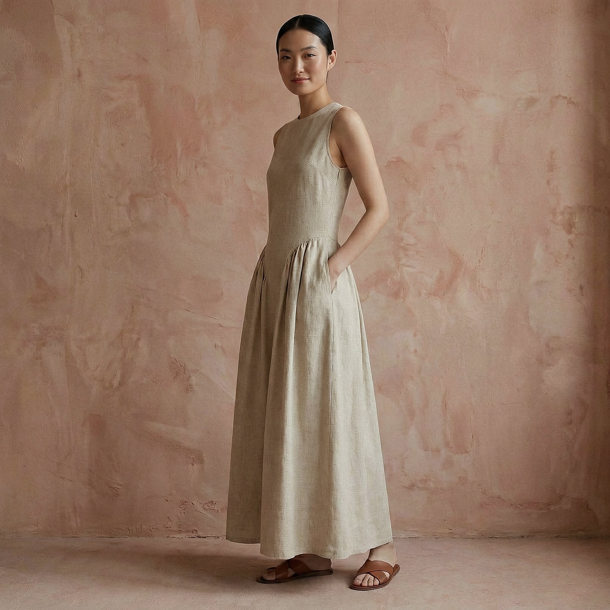 Beige Cotton Flax Sleeveless Paneled Maxi Dress
