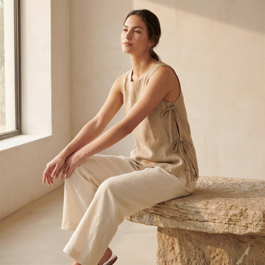 Beige Cotton Flax Sleeveless Side-Tie Long Top