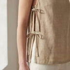 Beige Cotton Flax Sleeveless Side-Tie Long Top