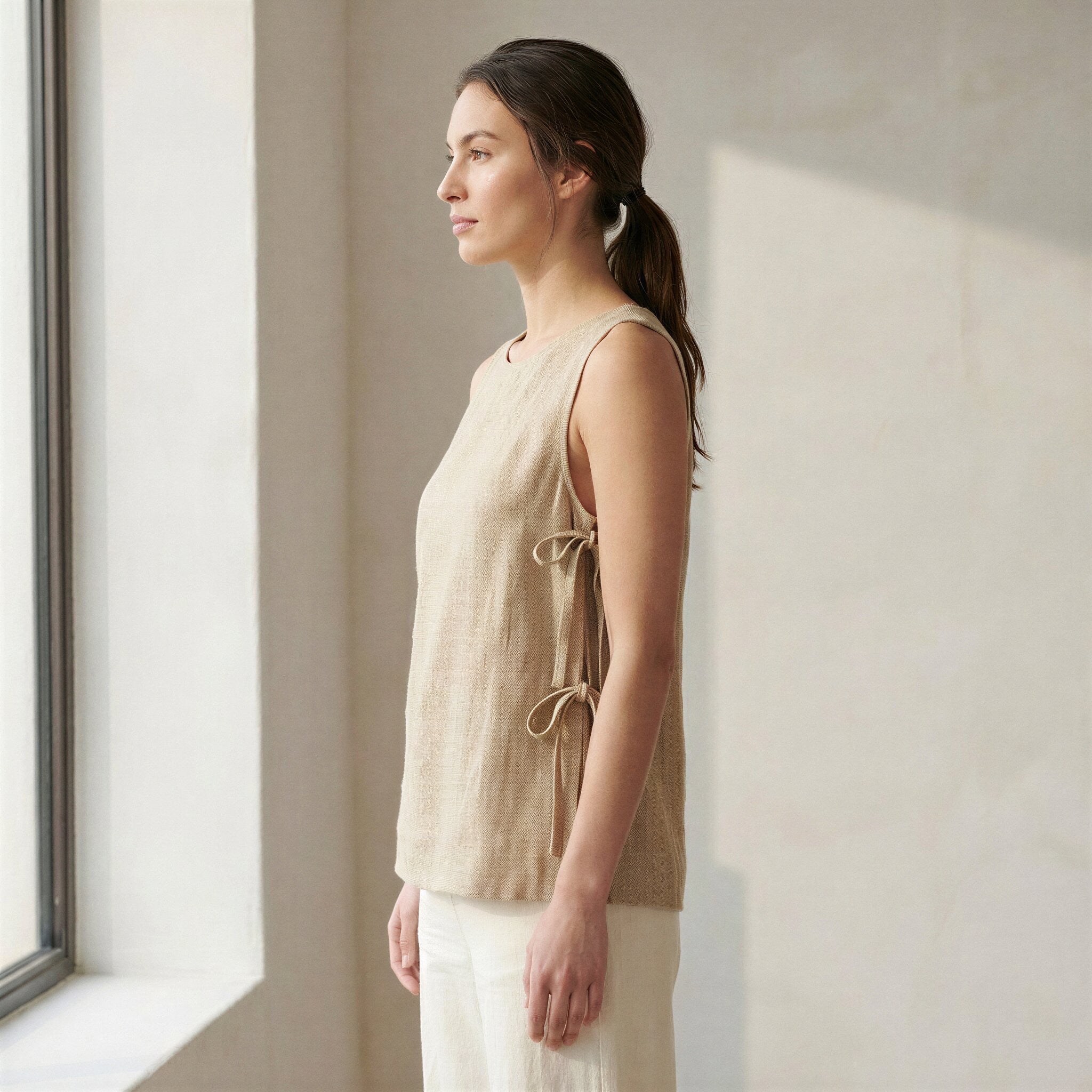 Beige Cotton Flax Sleeveless Side-Tie Long Top