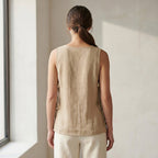 Beige Cotton Flax Sleeveless Side-Tie Long Top