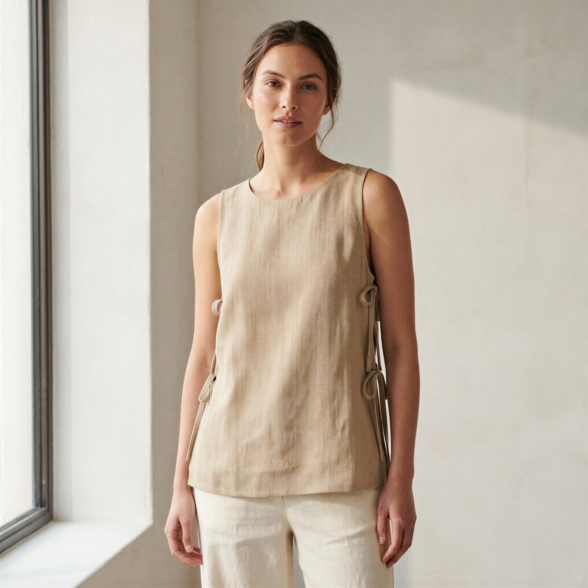 Beige Cotton Flax Sleeveless Side-Tie Long Top