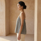 Beige Cotton Flax Spaghetti Strap Top with Elastic Gathered Back