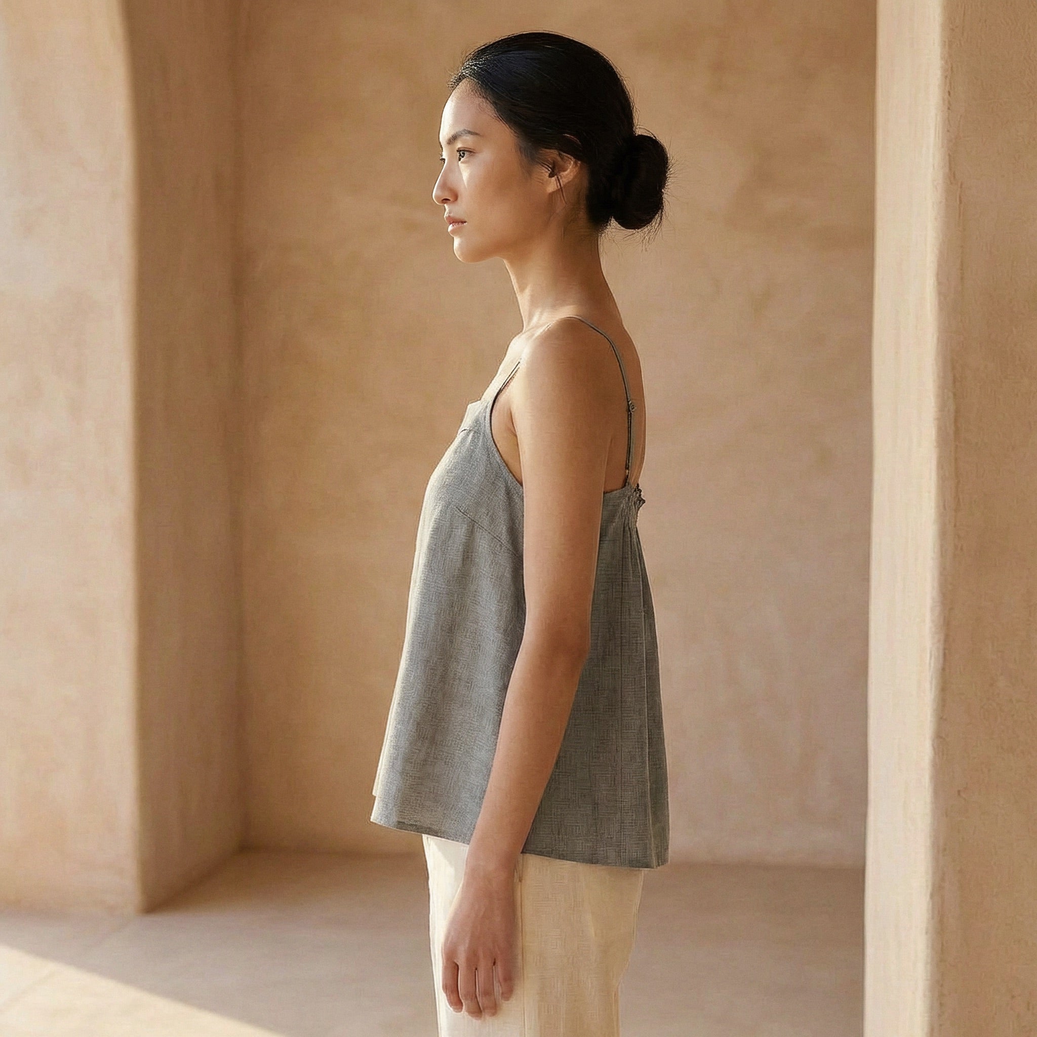 Beige Cotton Flax Spaghetti Strap Top with Elastic Gathered Back