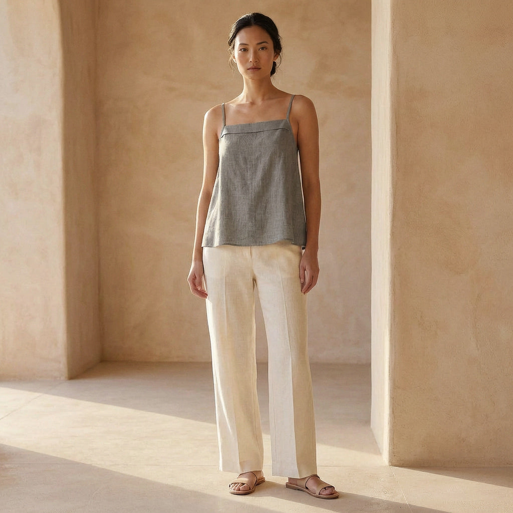 Beige Cotton Flax Spaghetti Strap Top with Elastic Gathered Back