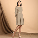 Beige Cotton Flax Square Neck Pleated Short Dress