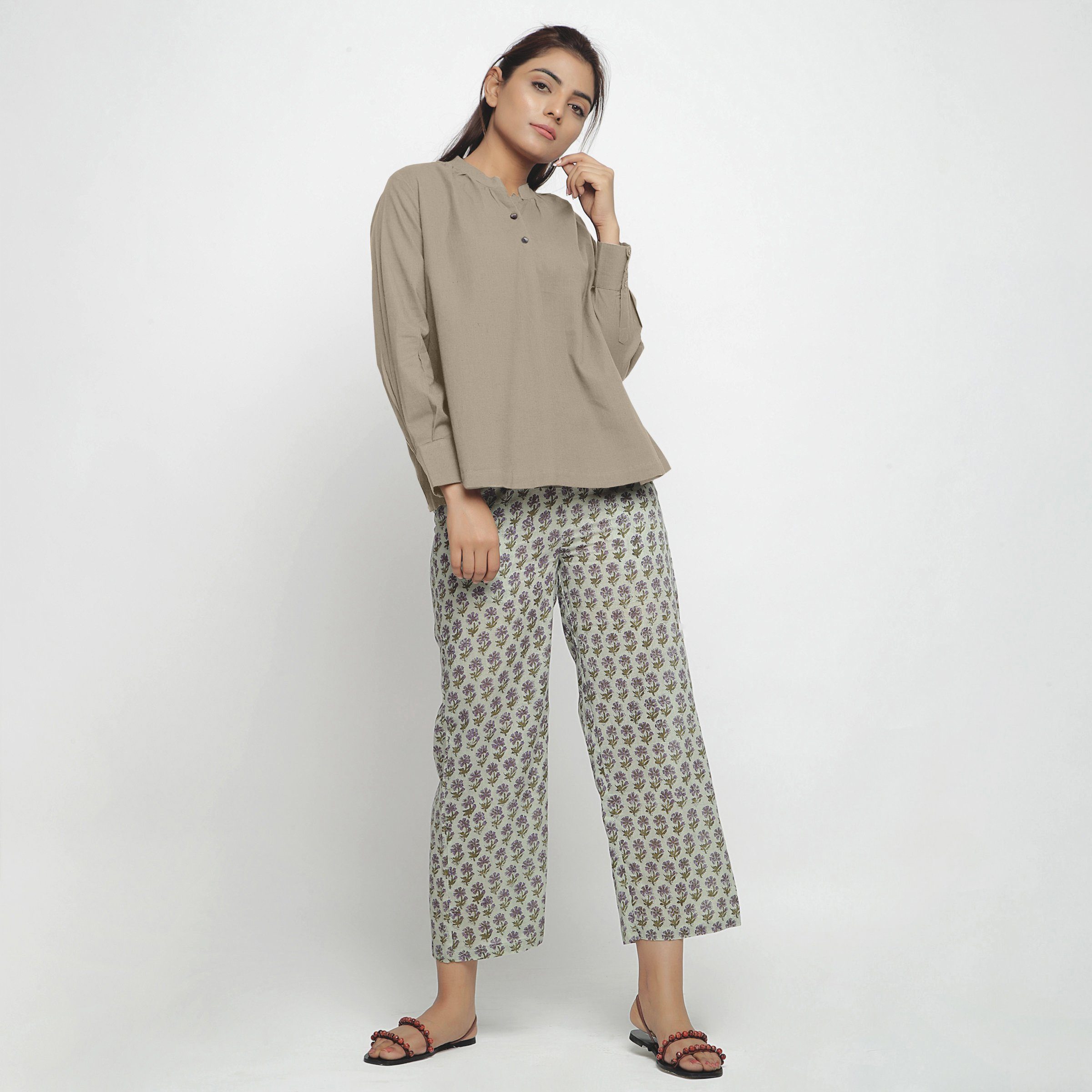Front View of a Model Wearing Beige Cotton Flax Straight Yoked Top