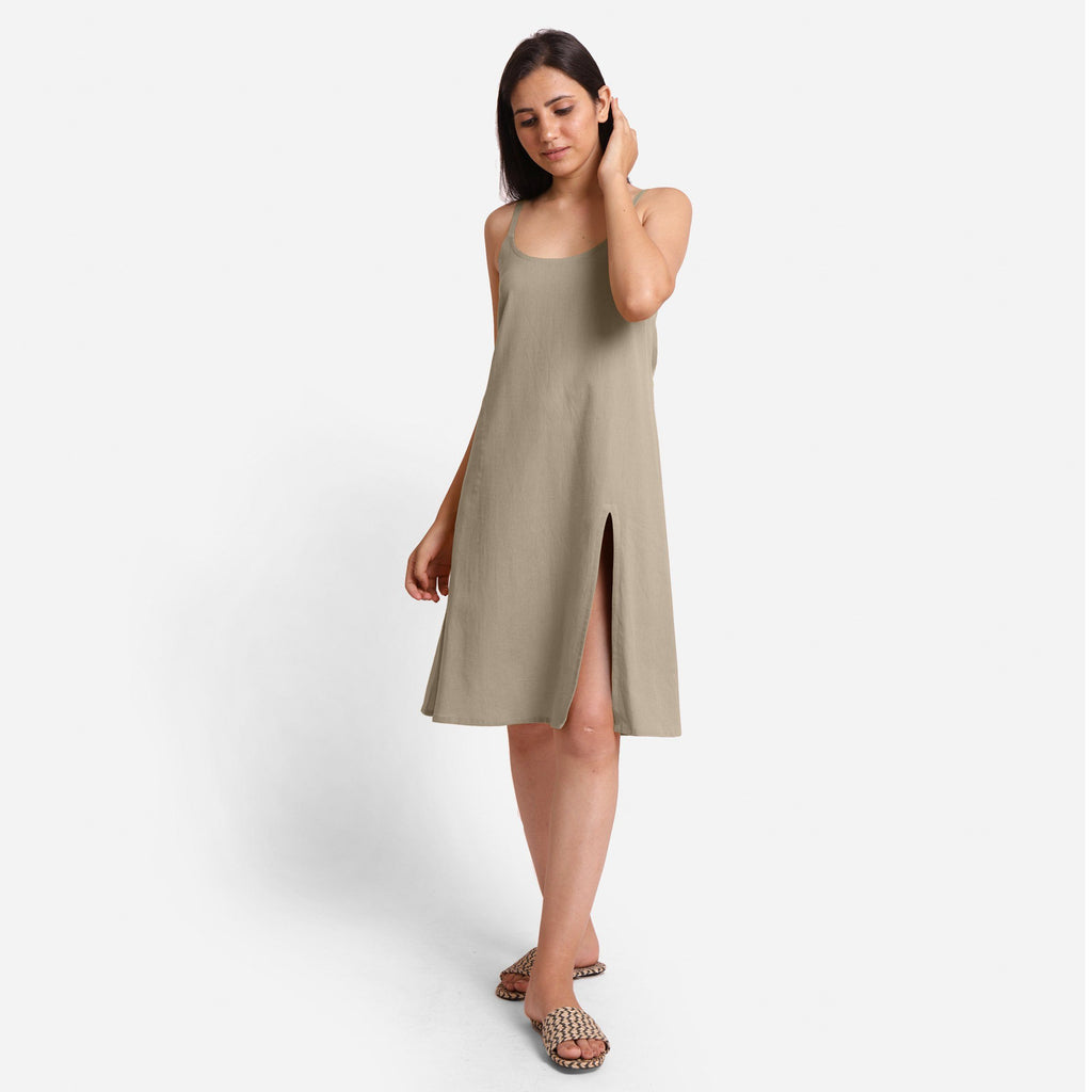 Front View of a Model wearing Beige Cotton Flax Strappy Slit Dress