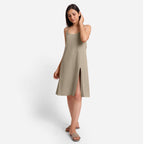 Front View of a Model wearing Beige Cotton Flax Strappy Slit Dress