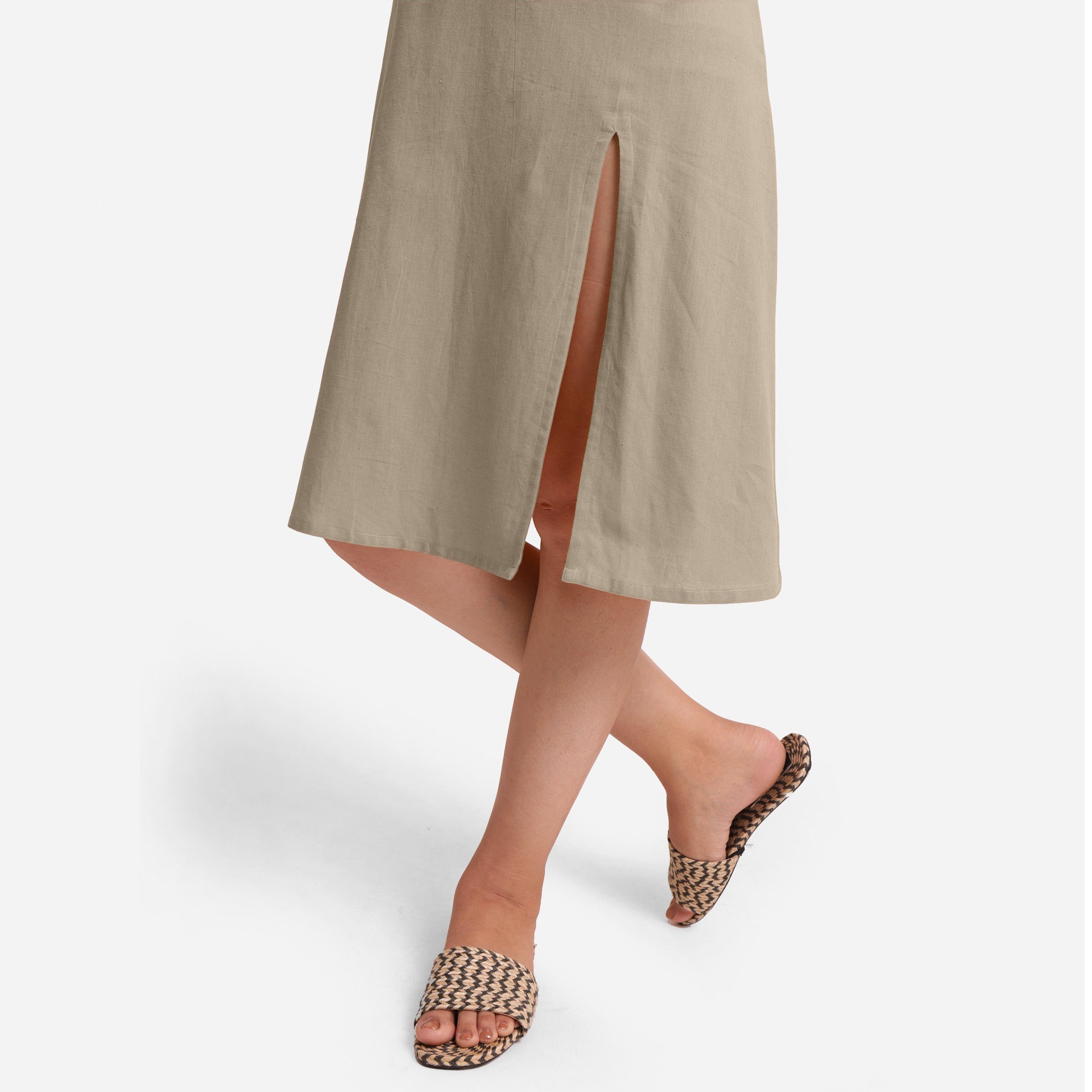 Front Detail of a Model wearing Beige Cotton Flax Strappy Slit Dress