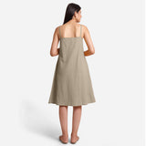 Back View of a Model wearing Beige Cotton Flax Strappy Slit Dress